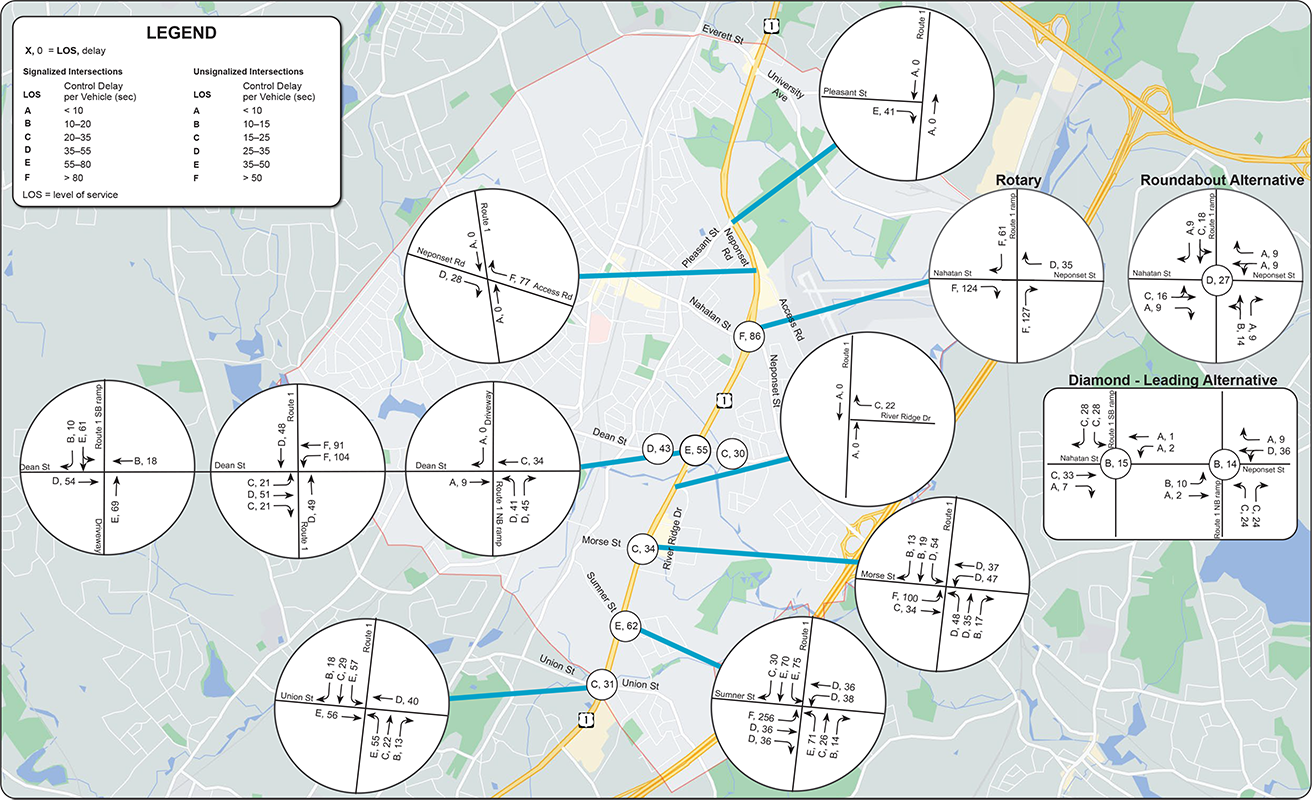 Figure 38
2040 Conditions: Weekend Saturday PM Peak-Hour LOS and Delays
Figure 38 shows the weekend Saturday PM peak-hour of level of service and delays for the 2040 conditions.
